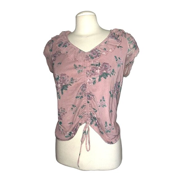 Almost Famous Sheer Floral Ruched Front Shirt Sz XL Womens Pink - Picture 1 of 5